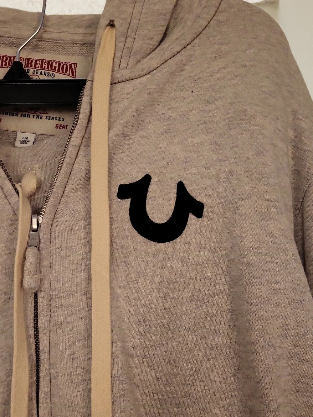 True Religion Light Gray Zip-Up Hoodie with Horseshoe Logo Mens Lg